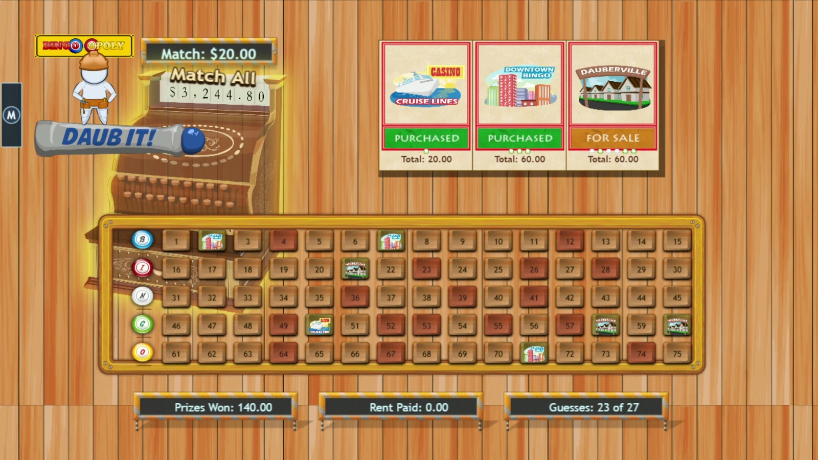 Actual Bingo-Opoly game: jackpot at upper left, three target properties at upper right, 75 number positions and a guesses counter