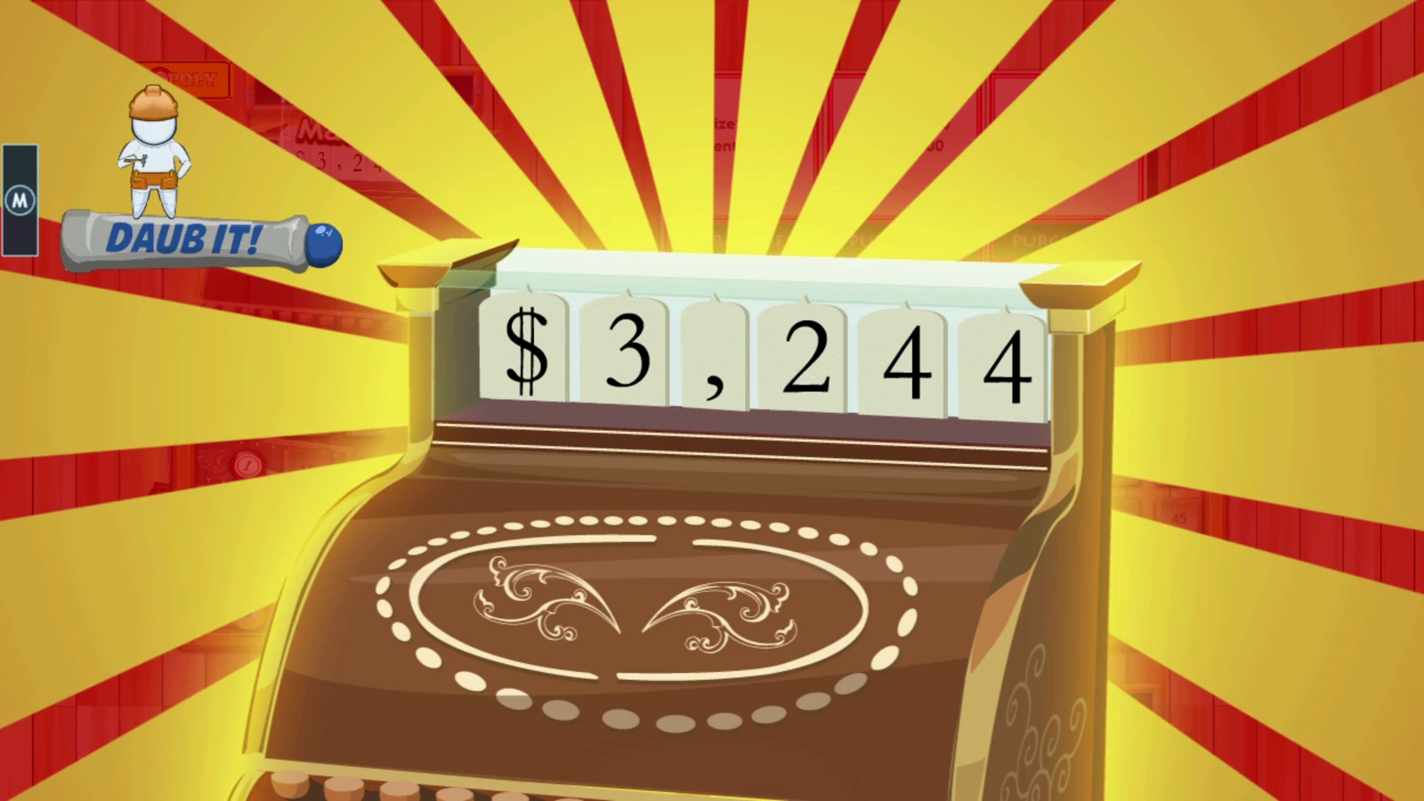 Bingo-Opoly's authentic cash-register jackpot animation with its red and gold celebration backdrop