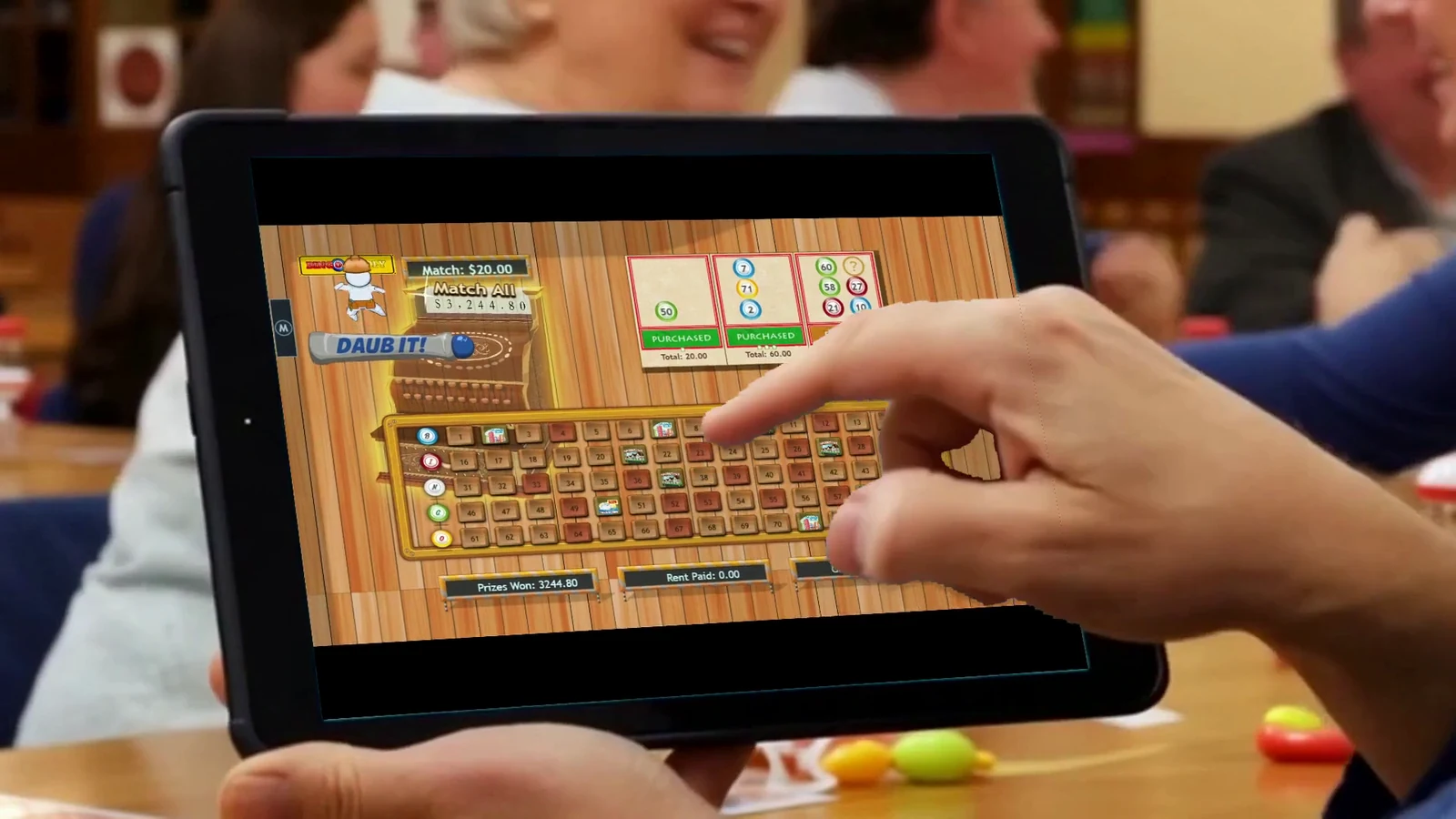 Illustrative hall scene with a player holding a tablet showing recorded Bingo-Opoly play