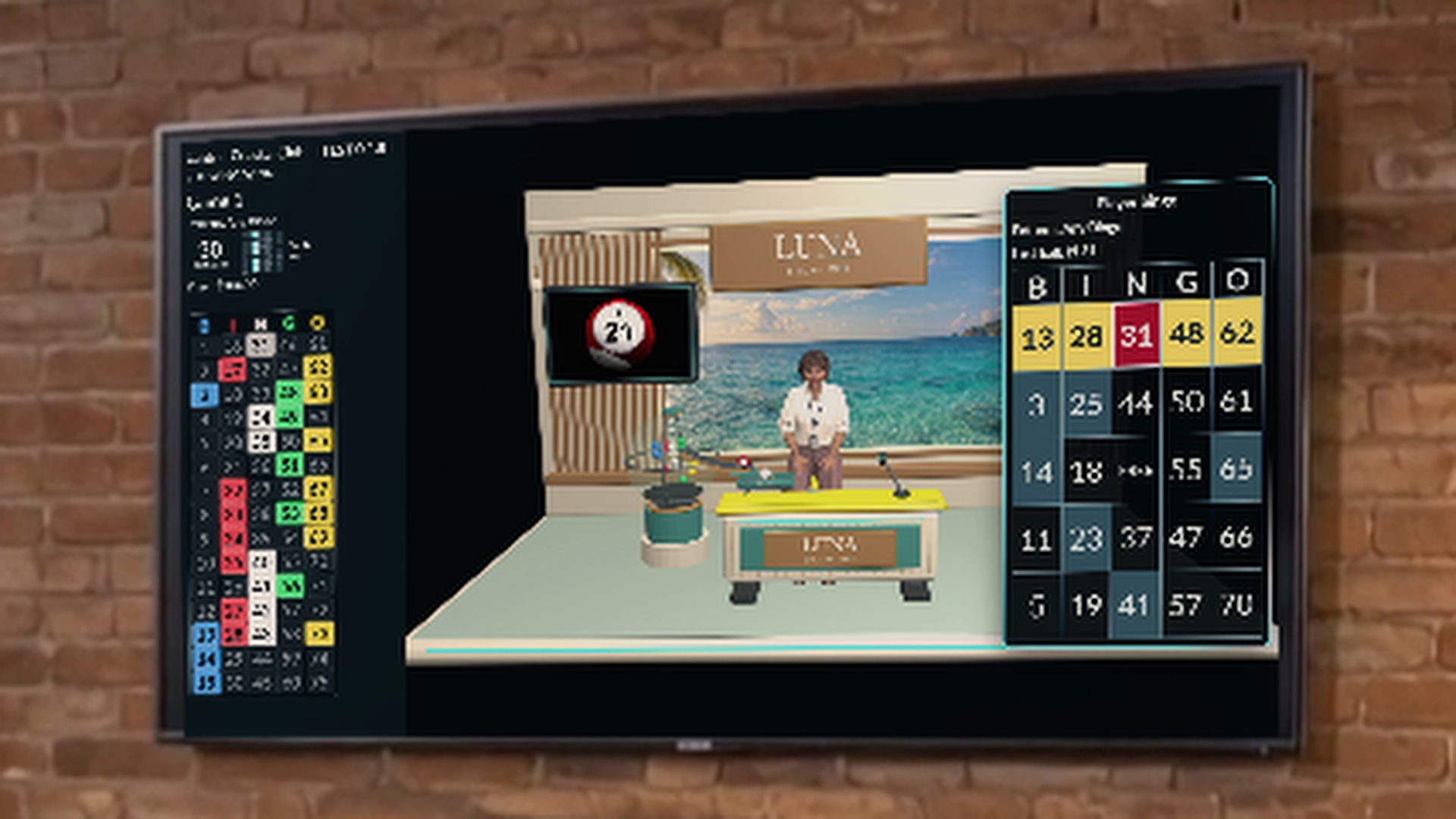 Illustrative BOB Live Bingo venue screen using a Luna host preview