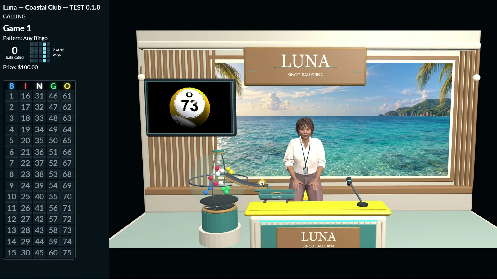 Recorded Luna bingo presentation with the virtual host, official O73 call, game pattern and callboard
