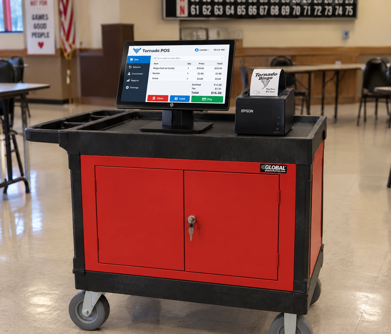 Portable Tornado point-of-sale cabinet with computer and printer